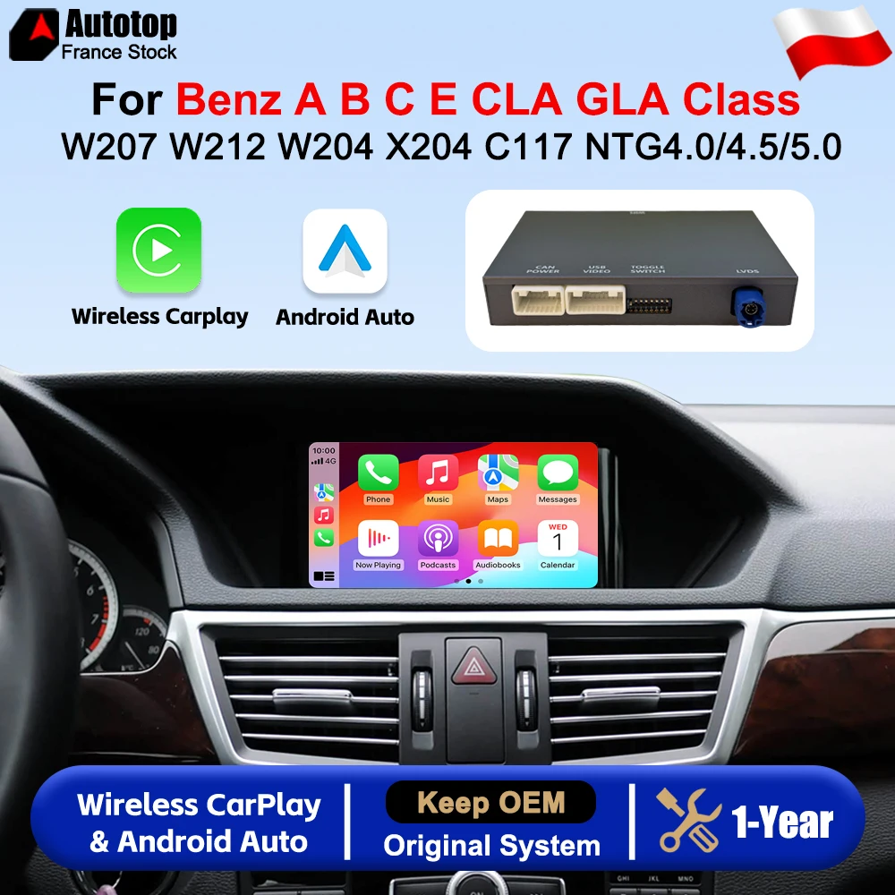 Bezprzewodowy CarPlay i Android Auto do samochodów marki Benz, klasy A, B, C, E, CLA, GLA, modele W207, W212, W204, X204, C117, W218, systemy NTG4.0, NTG4.5, NTG5.0. Moduł do aktualizacji, dekoder,