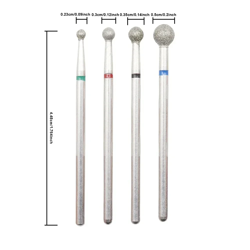 작은 볼 다이아몬드 네일 드릴 비트, 전동 매니큐어 드릴, 밀링 커터 키트, 페디큐어 파일, 젤 폴, 2.3mm, 3.0mm, 3.5mm, 5mm, 세트당 4 개