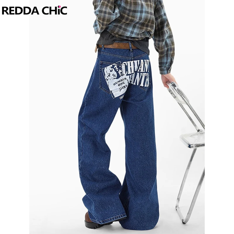 REDDACHiC 90s Skater Graphic Jeans for Woman Letter Print Straight Wide Leg Pockets Low Waist Casual Pants Hip Hop Streetwear
