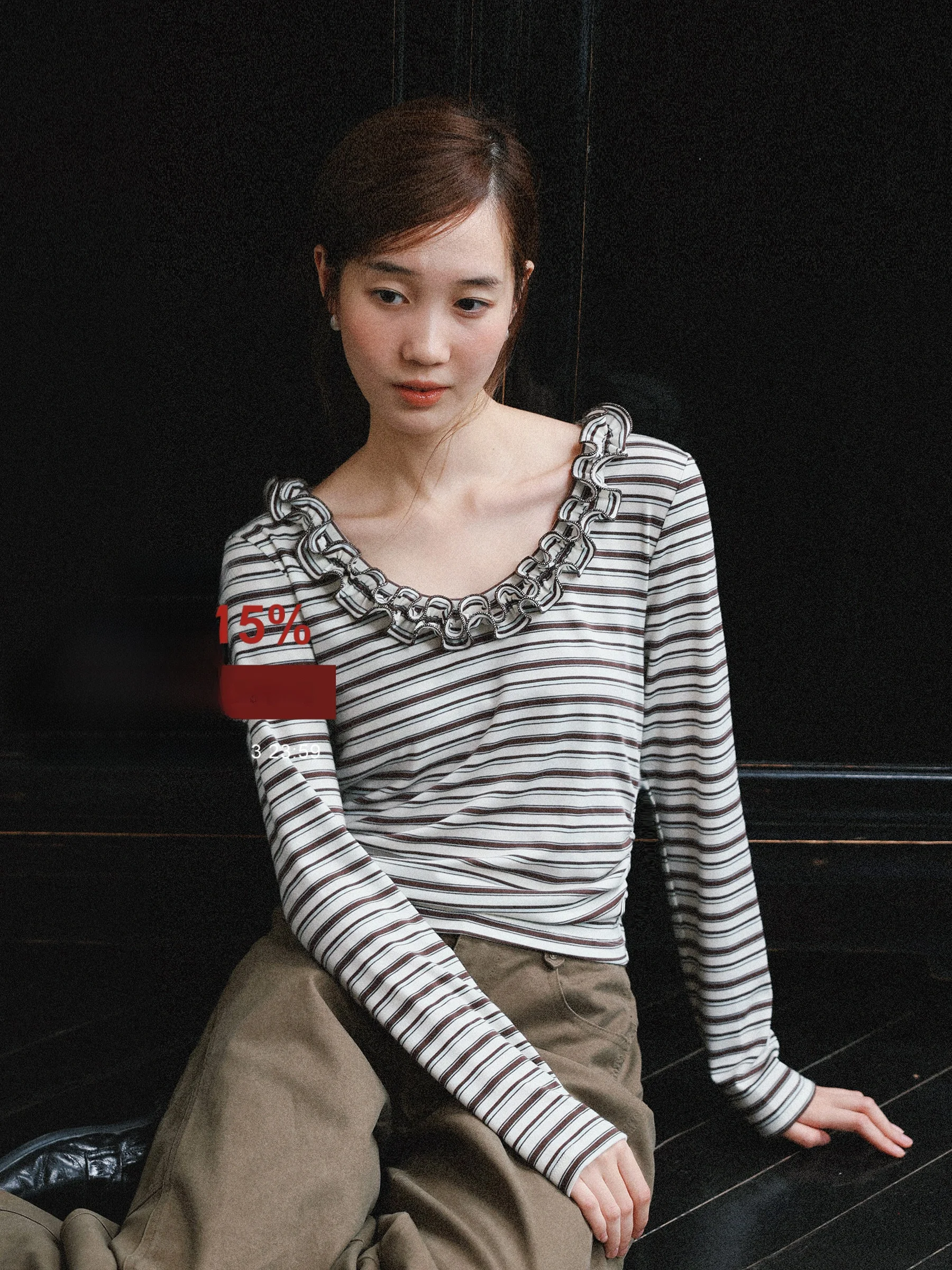 MUNNS RUIXI Women's Slim Fit Striped Long Sleeve Shirt French Style Square Collar Ruffle Hem Base Layer Small Shirt