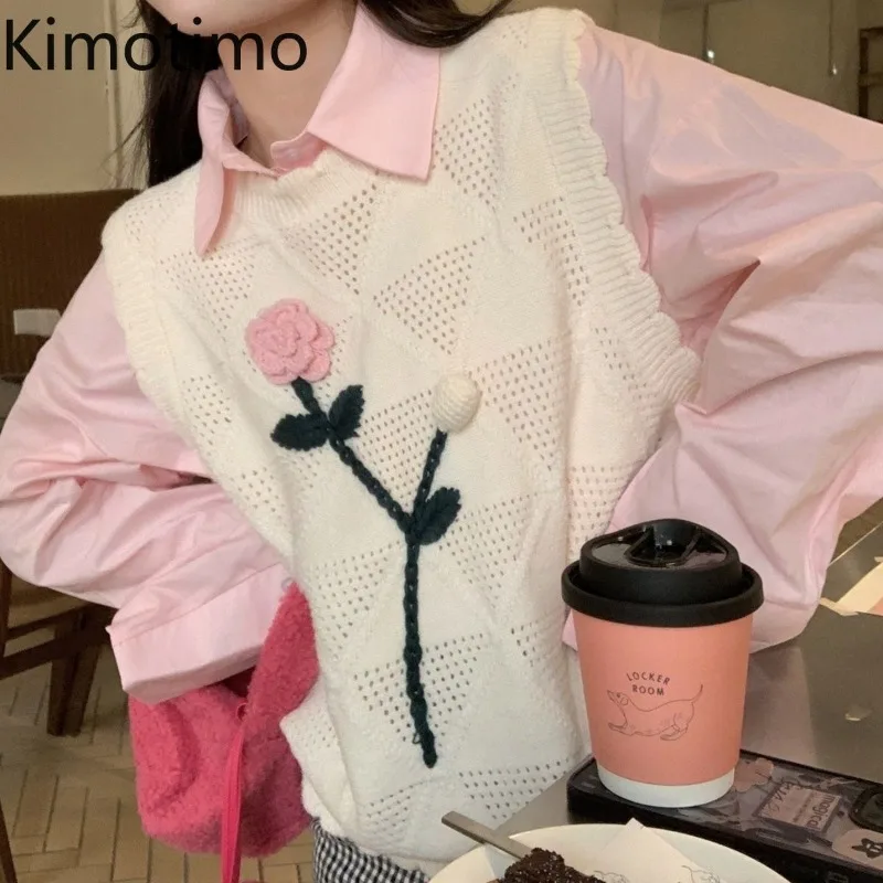 

Kimotimo, милый вязаный жилет с 3D цветочной вышивкой, женский пуловер без рукавов с круглым вырезом, осенний универсальный свитер Y2k