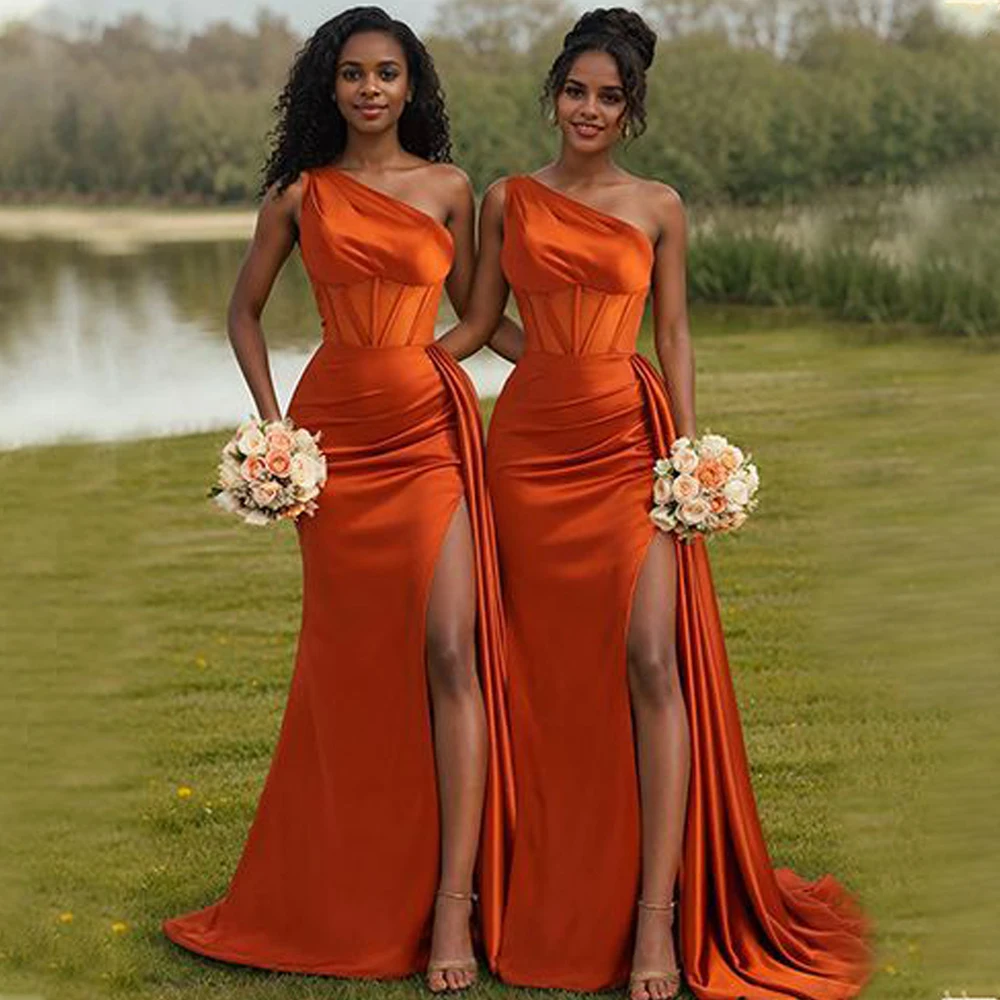 

Оранжевое сексуальное платье подружки невесты на одно плечо, длинное кружевное корсет, прозрачное платье Vestido De Festa, шикарные женские вечерние платья из атласа