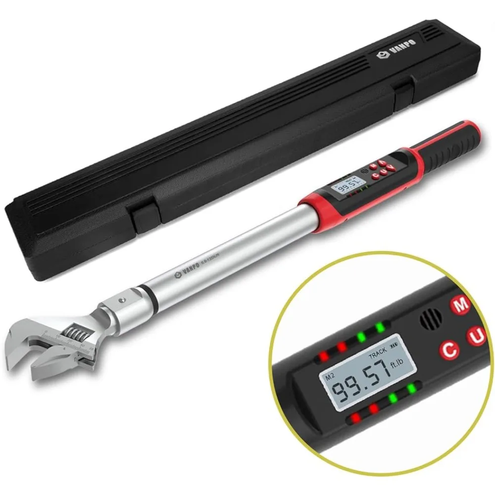 

VANPO Adjustable Digital Torque Wrench 5-99.6ft-lbs/6.8-135N-m, 14×18mm Open End Torque Wrench, 38mm Adjustable Jaw