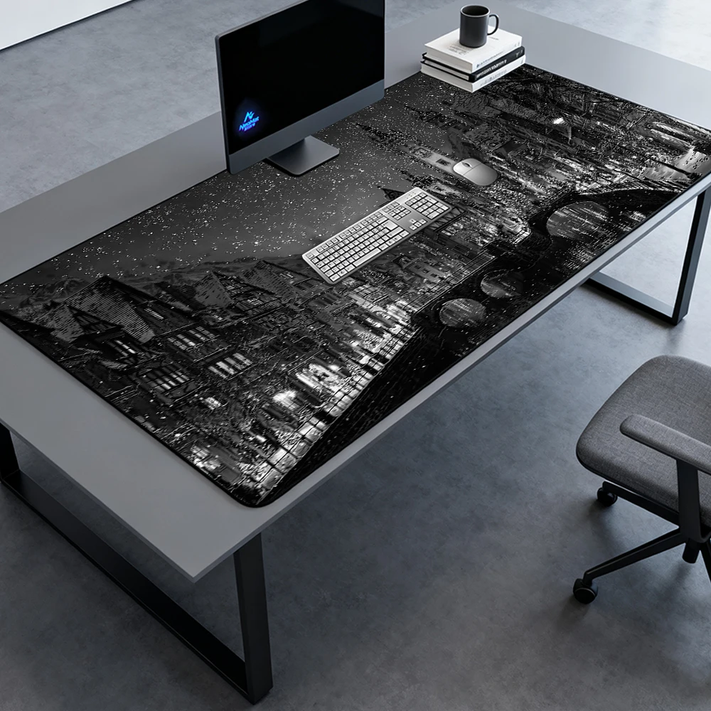 Starry Gothic Desk Pad Mouse Mat 1400x600 Deskmat White Mousepad Black Winter Full Village Scene Computer Accessories Table Mat