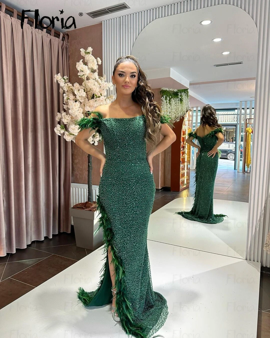 Dark Green Feather Off Shoulder Boat Neck Evening Dress Side Slit for Women 2024 Luxury Wedding Guest Gowns Prom Custom Made