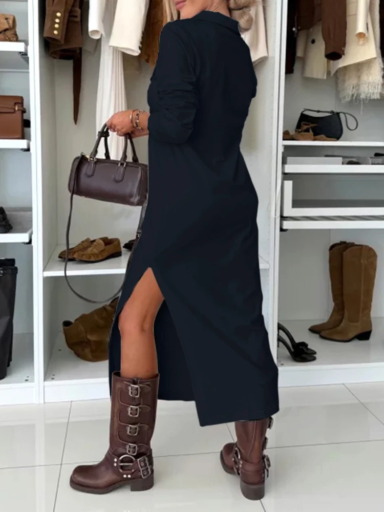 Vestido largo elegante de Color sólido para ir al trabajo, camisas informales de manga larga, vestidos de moda con solapa dividida, vestido de fiesta suelto Simple
