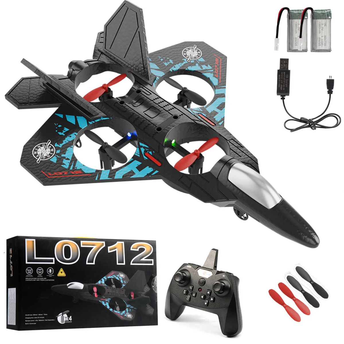 

0712 RC Aircraft 2.4G Foam Stunt RC Glider With LED Lights 360 Rotation One-Key Takeoff Fighter Airplane Toys