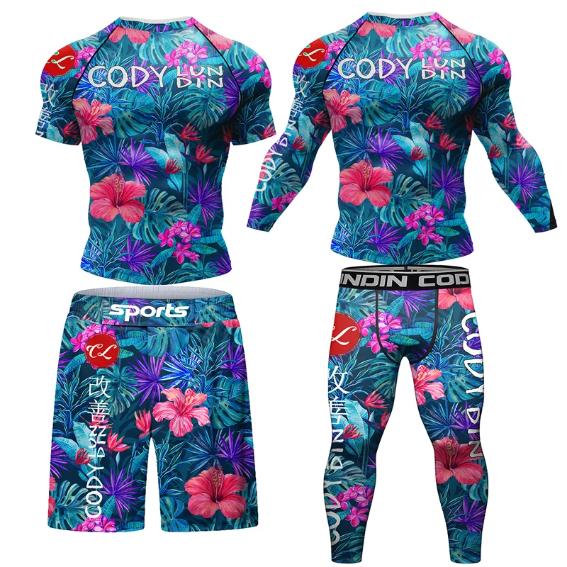 Nowa odzież sportowa MMA koszulka kompresyjna 3D leginsy sportowe mężczyzn BJJ Rashguard T shirt + szorty spodnie bokserska odzież męska