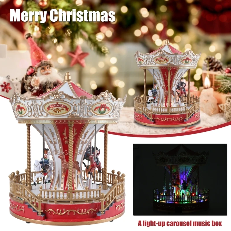 Christmas Whirligig Horses Music Box Festival Decoration with Colorful LED Light and Melodies Tune Holiday Party Drop Shipping