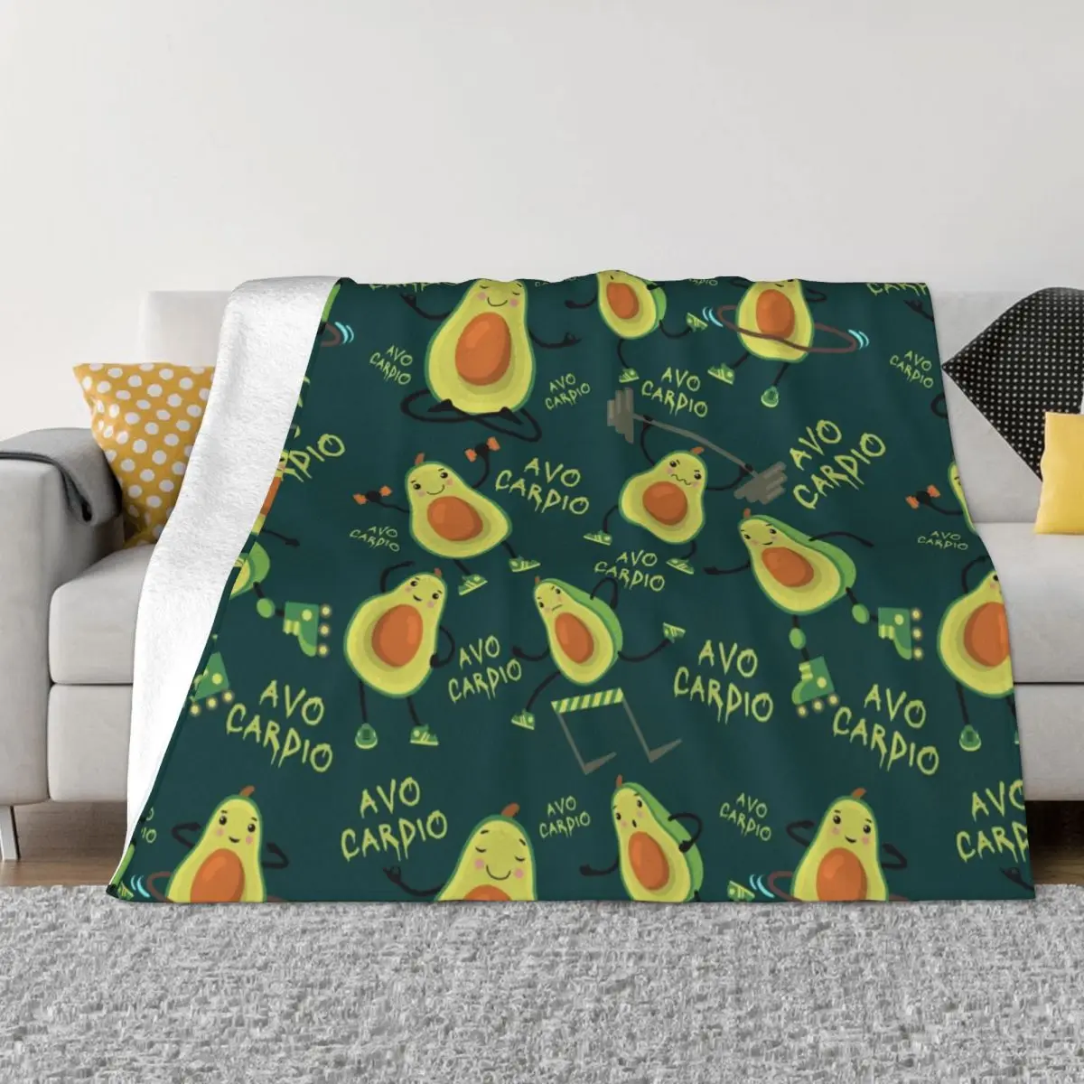 Dark Green Avo Cardio Funny Fitness Avocado Pattern Blankets Breathable Soft Flannel Summer Throw Blanket for Sofa Car Bed