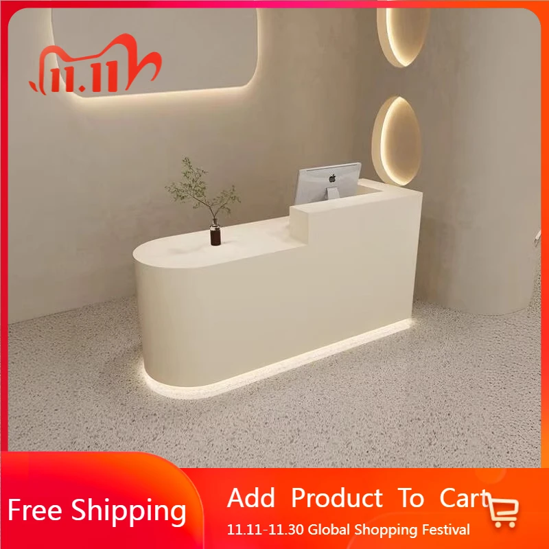 مكاتب الاستقبال ذات أضواء LED الزاوية، تصميم بسيط، مكاتب الاستقبال الجمالية التنفيذية، مكتب الشركة الفاخر، الأثاث العصري