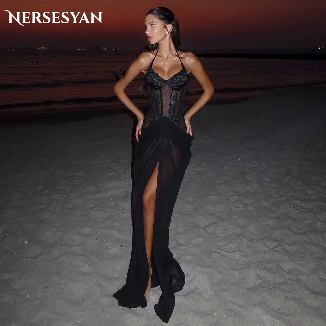 

Nersesyan Luxury Black Mermaid Lace Evening Dresses Off Shoulder Silt Formal Dress Draped Arab Women Party Gowns 2026 Customized
