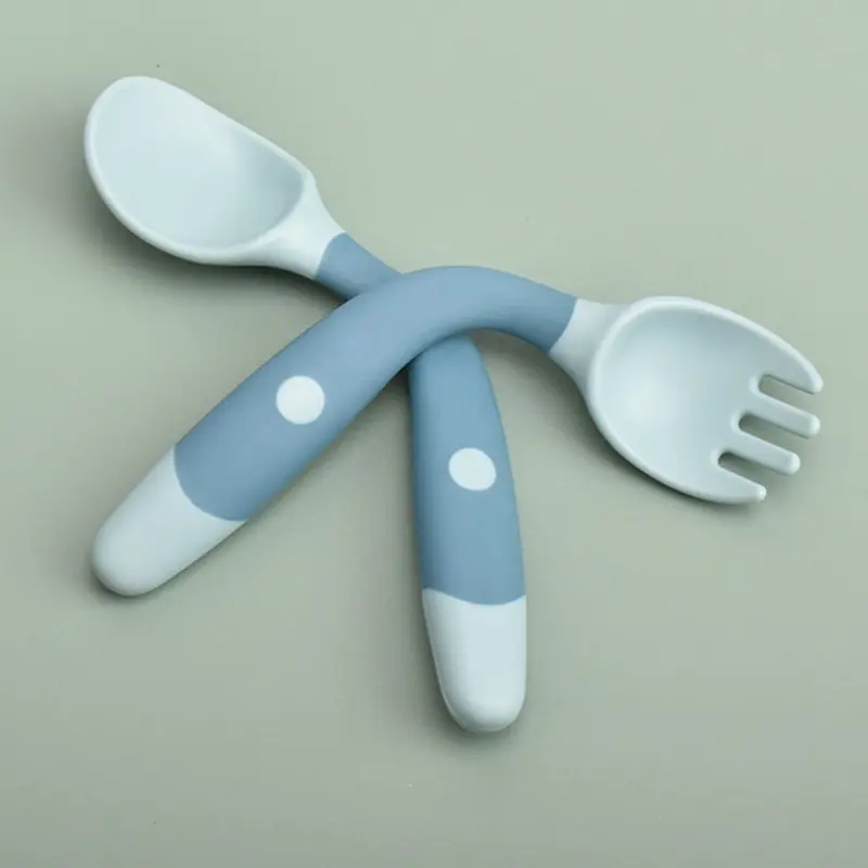 Green BAP Free Children Learn To Eat Training Tableware Twist Fork Spoon Silicone PP Soft Spoon