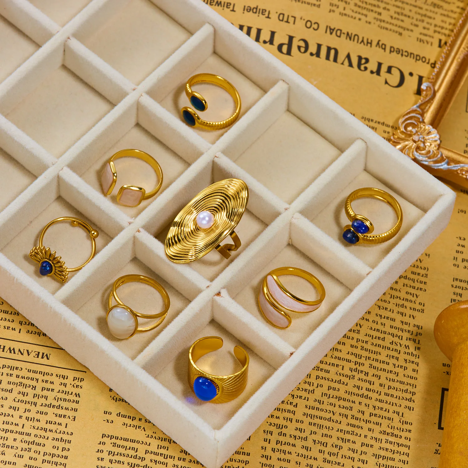 Edelstahl Weiße Öltropfen Offene Ringe für Frauen Naturstein-Einlage Breiter Ring Stapelbare Ringe Vergoldeter Schmuck – Detail 6