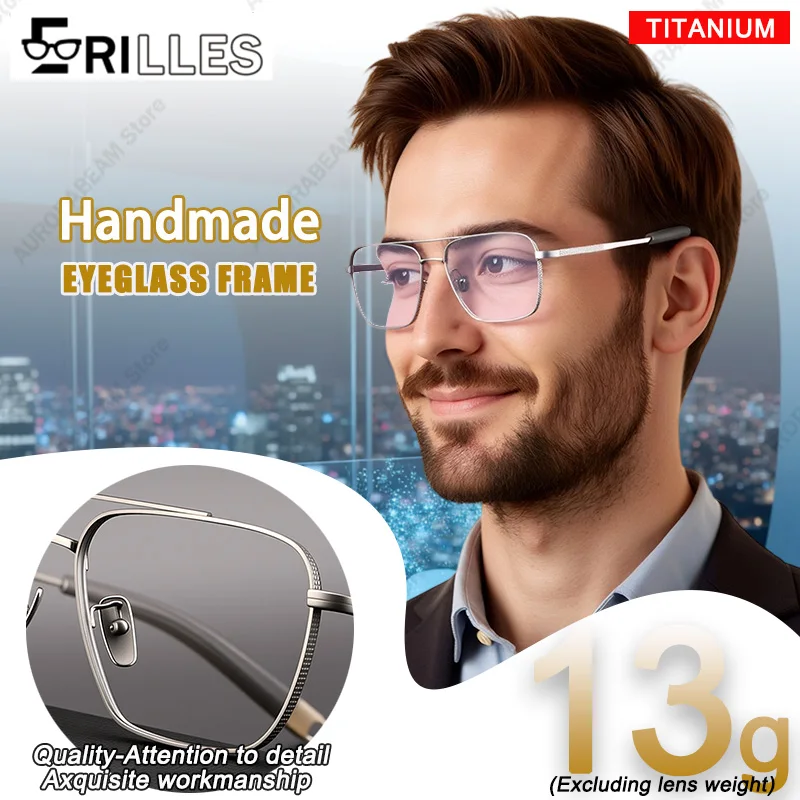 

[Exquisite handmade] Pure Titanium Glasses Frame 50004-Double Bridge Design-Ultra Lightweight 13g-Large Retro Frame for Big Face