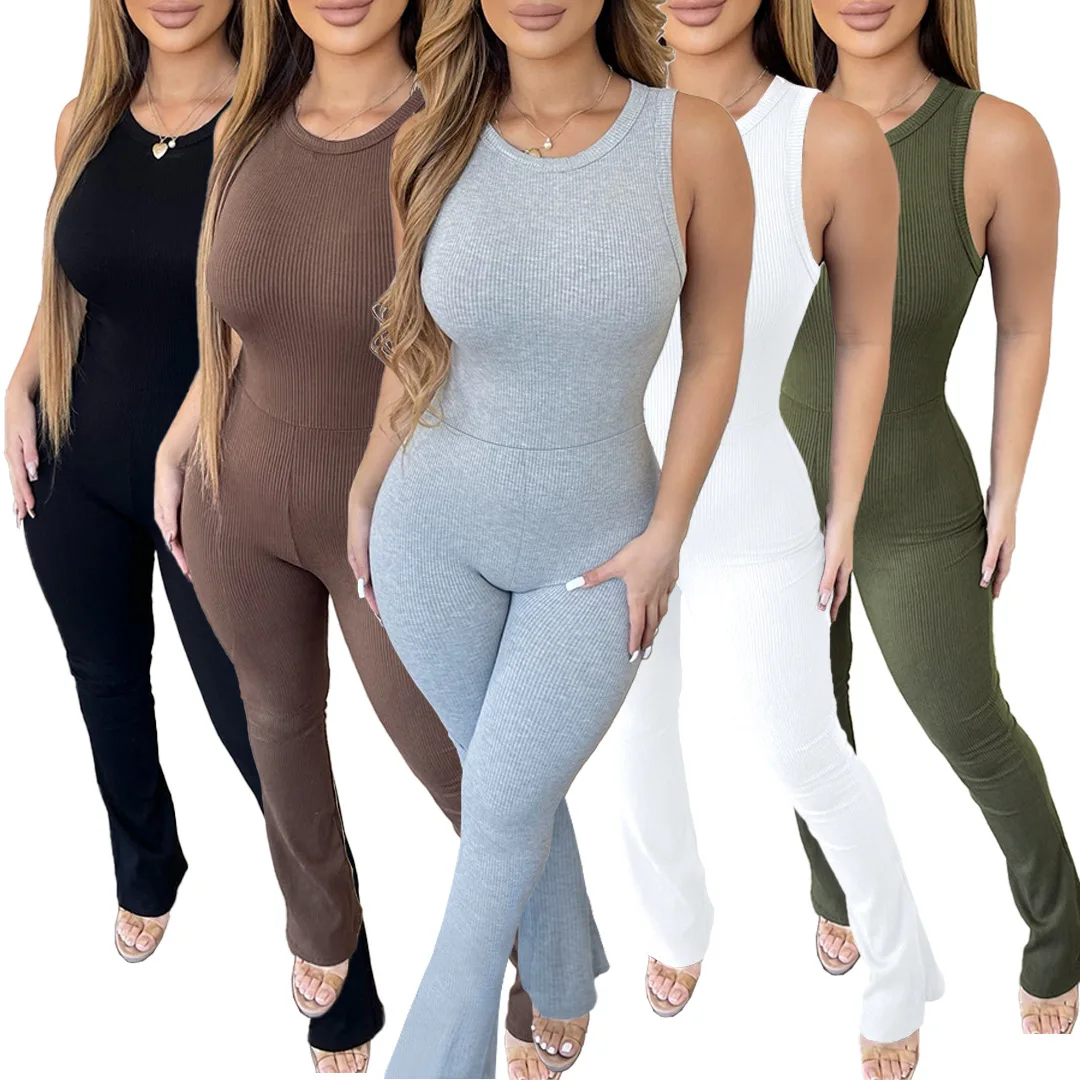 Sexy Ribbed Jumpsuits Elegant Luxury Outfit Bodycon Fall Clothes Sleeveless One Piece Women Club Casual Solid Bodysuit Playsuit