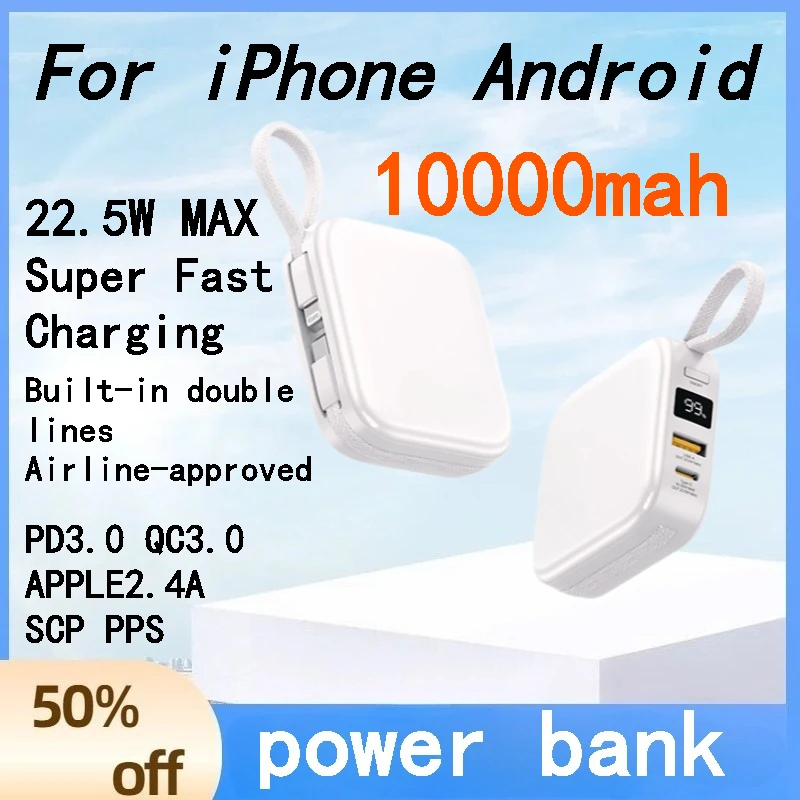 

10000mAh Mini Power Bank 22.5W Fast Charging Built-in Dual Cables Portable External Battery for IPhone Android