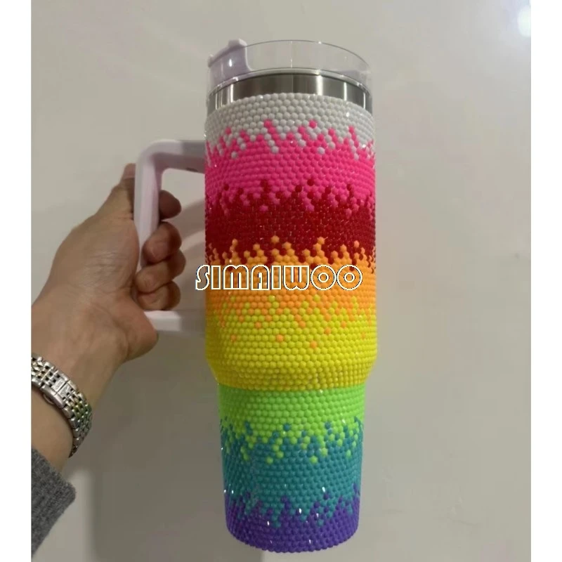 Gradient Ice DrinkTumbler Double Layer Vacuum Thermal Insulation Handle Cup Rhinestone Handmade Mosaic Art Bling Shining Gift