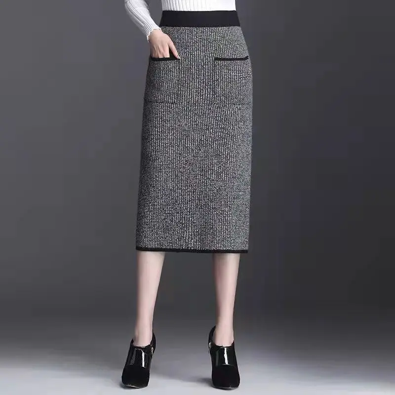 

New Style Gold Mink Cashmere Elastic High Waist Office Lady Knee-length Skirts Solid Split Fork Hip Wrap Skirt High Elasticity