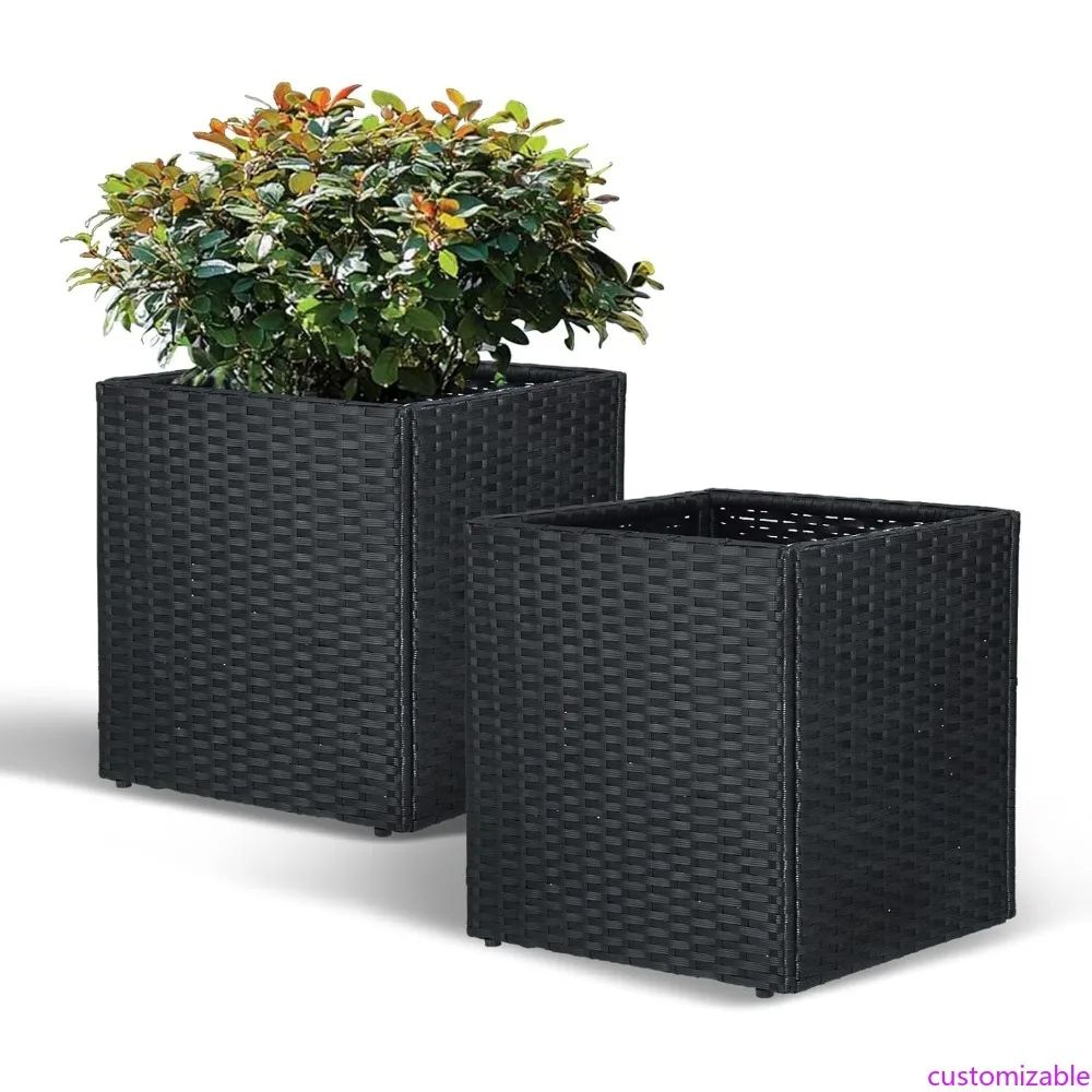 

Pair of Large Square Outdoor Indoor Planters with Removable Liners, Durable PE Rattan Design for Modern Flower Plants