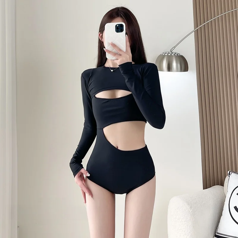 

Купальник с высокой талией для женщин, бикини с длинными рукавами, термокупальник для весеннего сезона, чувственный, черный, утягивающий, скрывающий живот, подходит для студенток