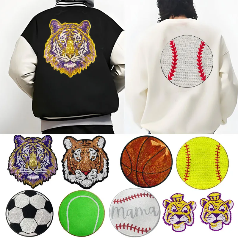 1pc Huge Tiger Patches Glitter Beads Ironing Patches Sports Football Basketball Embroidery Stickers Iron on Badge for Hats Bags