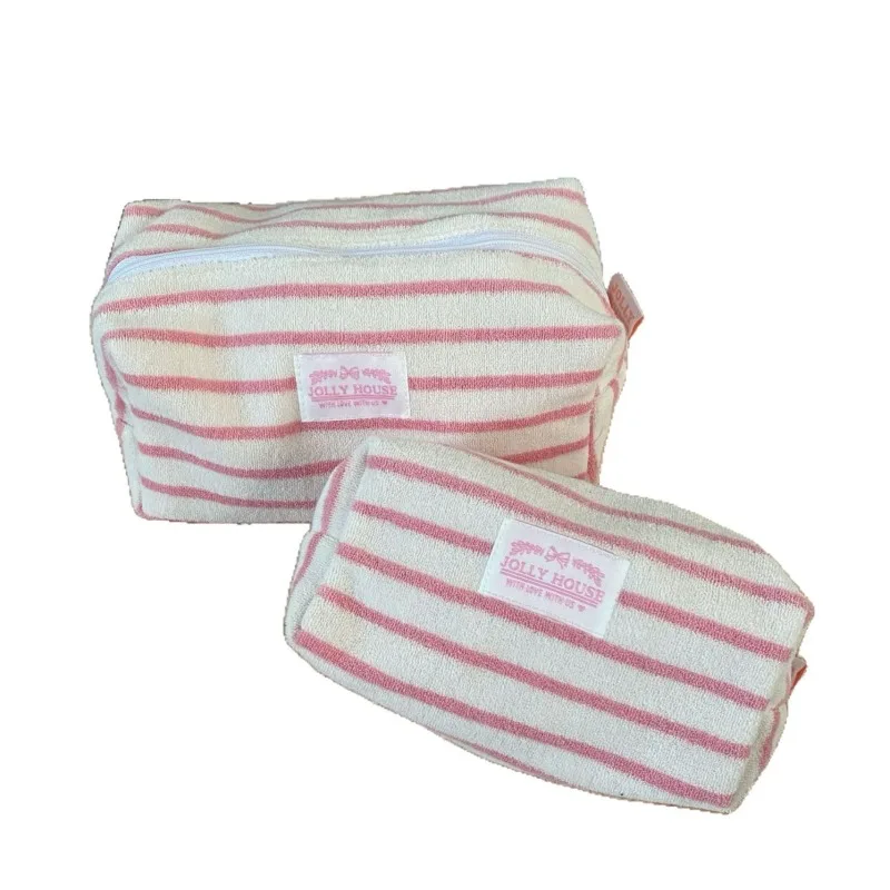 INS Simplicity Korean Fashion Pencil Case Student Pink Blue Color Striped Makeup Case Portable Large Capacity Stationery Bag