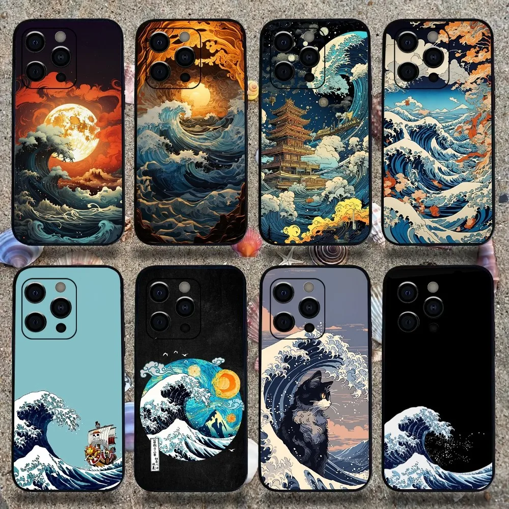 The Great Wave off K-Kanagawa Phone Case For Apple iPhone 15,14,13,12,11,Pro,X,XS,Max,XR,Plus,Mini Soft Black Cover