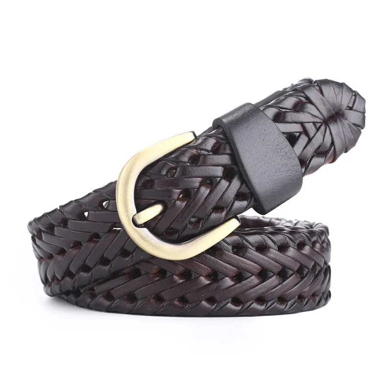 New style braided belts for men and women, hand-woven cowhide belts, retro pin buckle belts