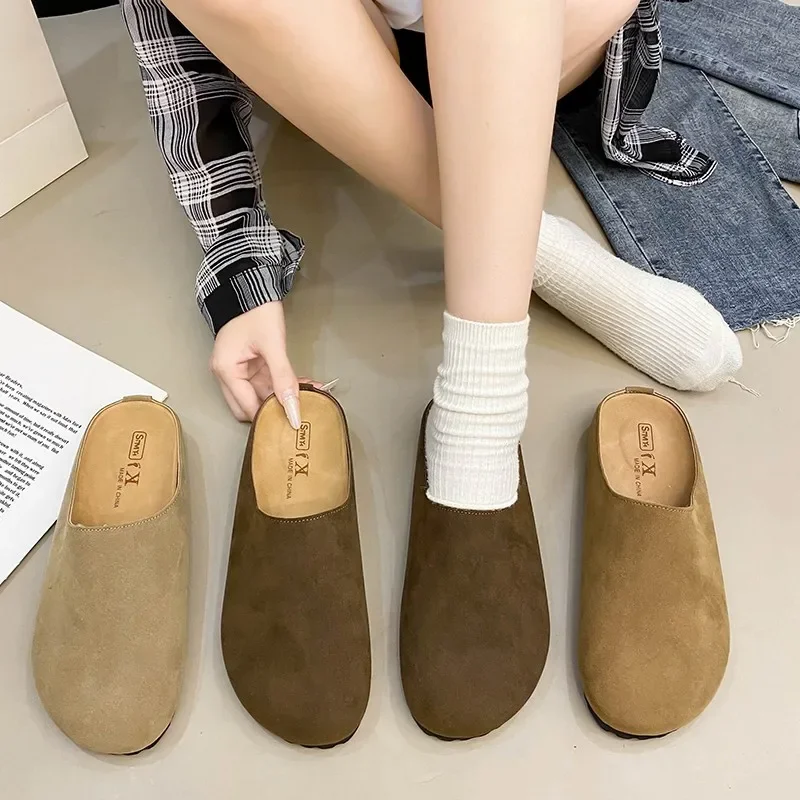 

New Designer Women's Slippers Closed Round Toe Suede Clogs Sandals Autumn Retro Solid Color Flat Bottom Women's Slingback Shoes