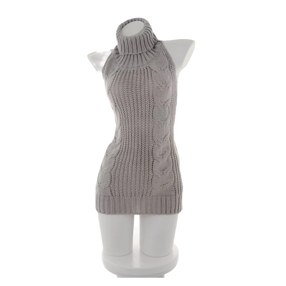 Fun Sexy Sweater Knit Grey High Neck With Hollowed Out Back Ladies Suits Role Play Passion Temptation Uniform Package Hip Dress