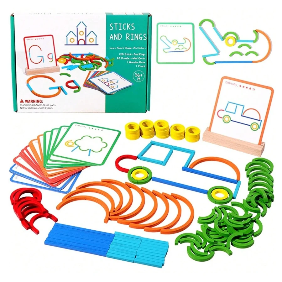 ألعاب مونتيسوري أشكال حروف متحركة لعبة تعلم حلقات وعصي خشبية هندسية مجموعة ألعاب تعليمية للأطفال الصغار