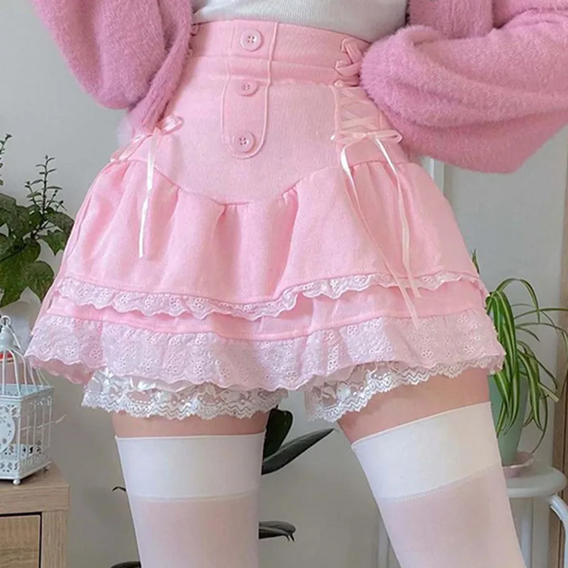 Pink Lolita Mini Skirt for Women, Sexy Irregular Strap, Dark Lace Patch, Pleated Skirt, Casual High Waist, Bandage, Gothic Dress