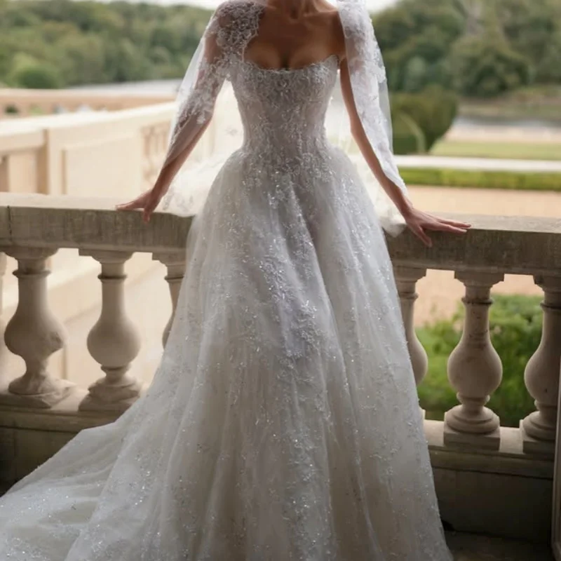 

Shiny Lace White Wedding Dresses flower Decal off-shoulder A Line skirt long tail Gowns slit wedding dress Bridal Gown