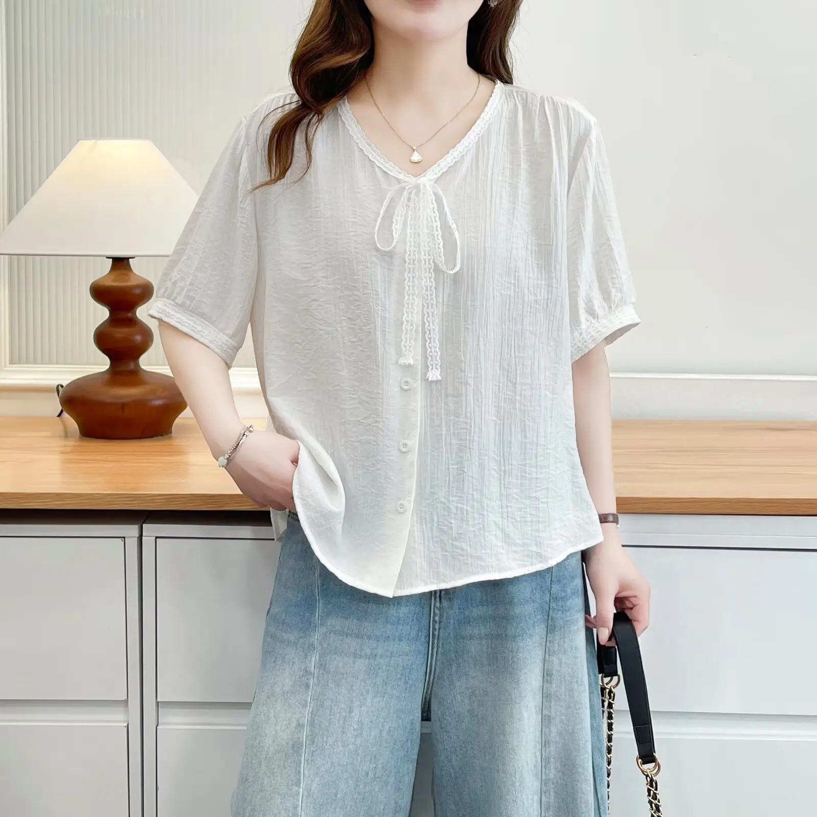 2026 Summer Plus Size Women Shirt Ruffle V Neck Tie Short Sleeve Open Blouse Simple Versatile Fashion Tops For Curvy Ladies 811 view 2