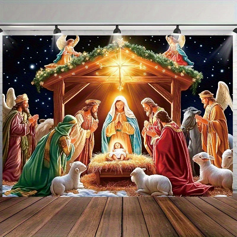 A Christmas Nativity Scene Tapestry Wall Hanging Religious Art Decor for Jesus Mary Baby Jesus Room Background Festive Holiday C