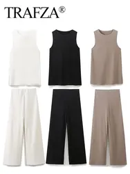 TRAFZA Women Casual Solid Top Pant Sets O Neck Sleeveless T-Shirt Vest Tops Elastic Waist Loose Trousers Summer Office Lady Suit