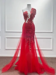 Mermaid Tulle Sequined Evening Dresses Red Appliques Embroidery One Shoulder Long Formal Prom Party Gowns Vestido De Fiesta