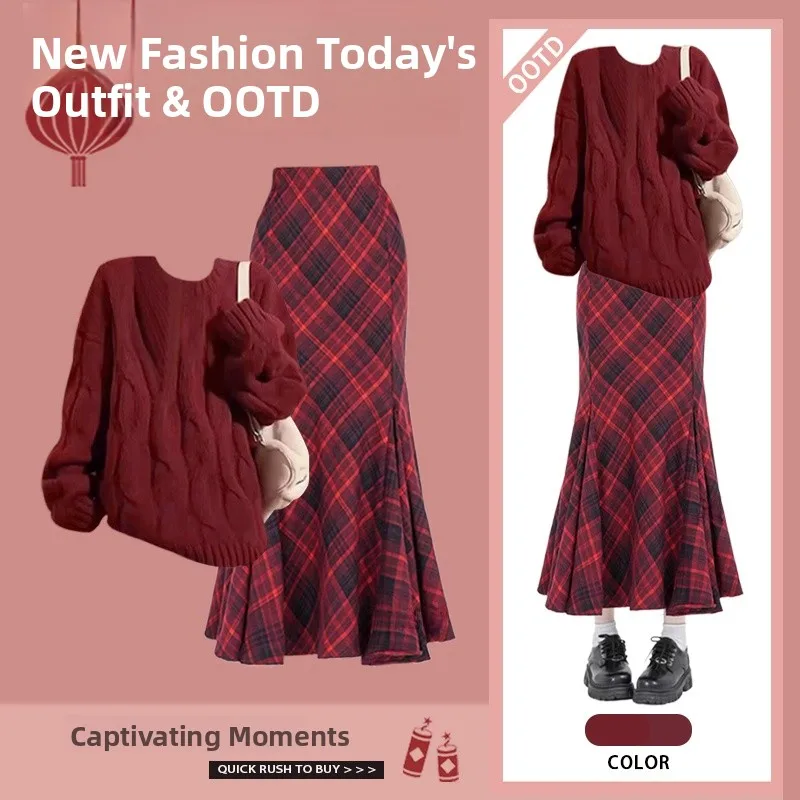 

New Year Red Knitted Sweater And Slim Fi Tail Skirt Two Piece Set Women's Faion Ensemble Winter Collection Ele Sle