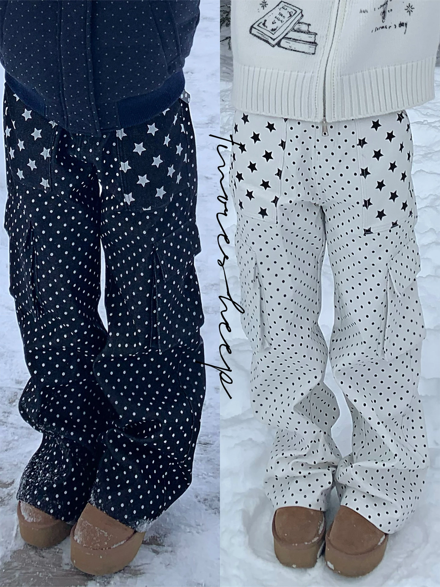 

Women's Loose Wide Leg Denim Workwear Pants Polka Dot Print Floor Length Trousers ket Detail Medium Stretch Casual Jeans