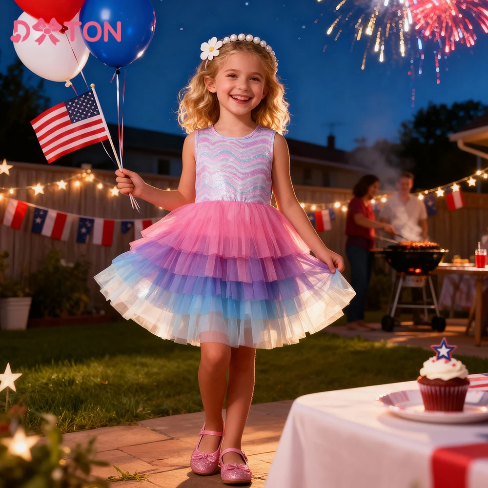 

DXTON Toddler Princess Dresses Mermaid Children Clothing Layered Cake Girls Dress Candy Color Striped Ball Gown Mesh Kids Dress