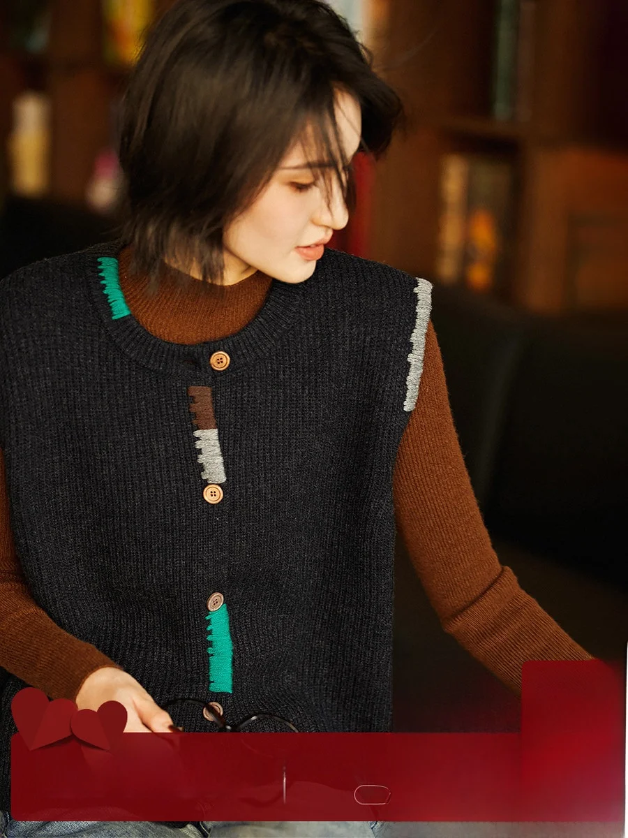

Теплый винтажный вязаный шерстяной жилет-кардиган контрастных цветов с пуговицами, свободного кроя, для женщин, осень-зима
