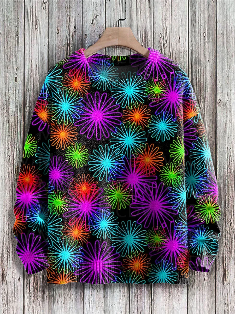 

Christmas Multicolor Fireworks Flowers Print Knit Pullover Sweater Men's For Women's Pullover