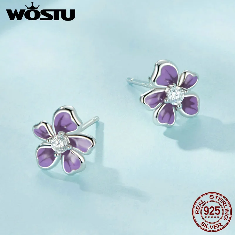 WOSTU 925 Sterling Silver Pruple Orange Flower Earrings Blue-white Gradient Stud Earrings for Women Children Gift Fine Jewelry