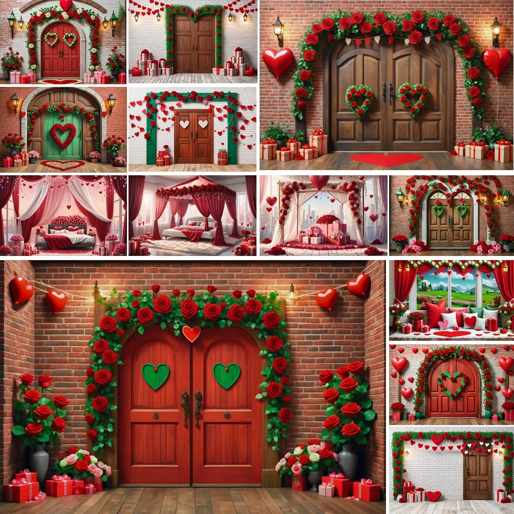 

MOON.QG Romantic Entrance Valentine's Day Photo Background Brick Wall String Lights Red Carpet Backdrop Couple Photography wall
