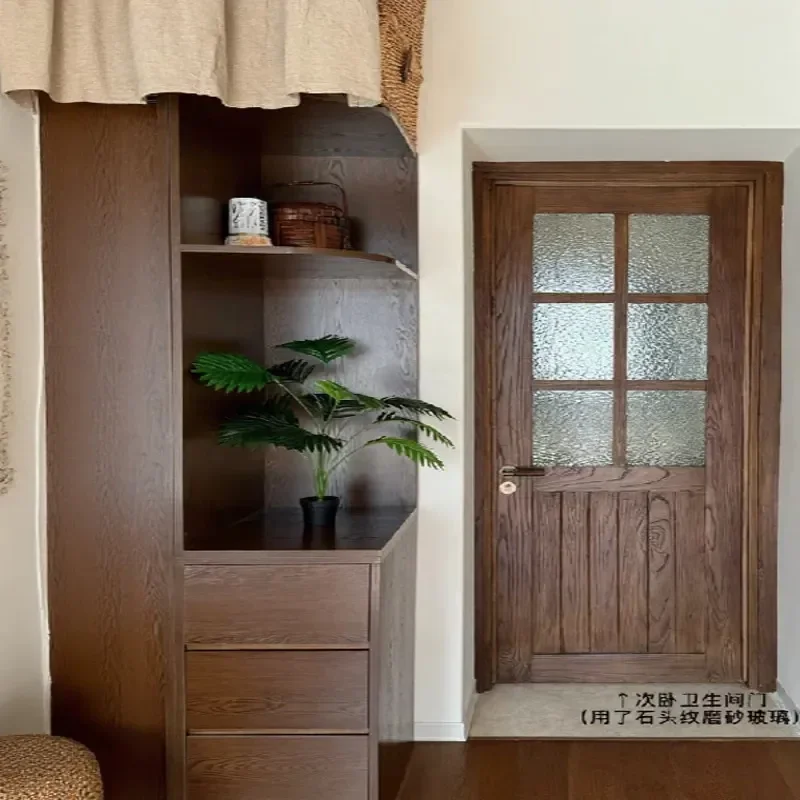 for Solid Wood Retro Glass Bedroom Door Medium Antique French Style Interior Room Door Paint Free