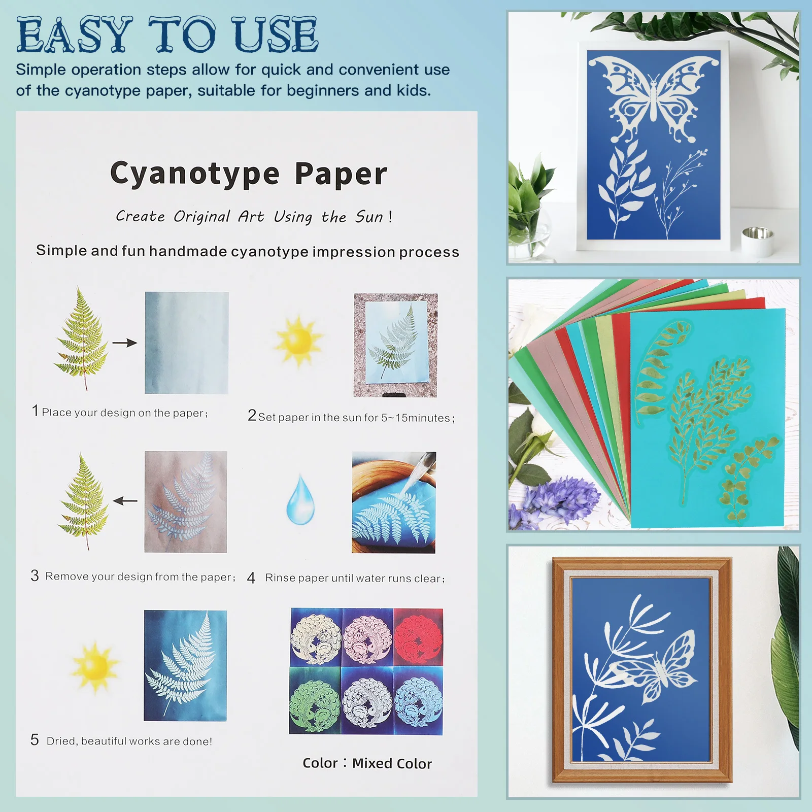 1 مجموعة 1 مجموعة Cyanotype طقم الطباعة 50 ورقة الشمس الطباعة Diy بها بنفسك الفن الحرفية المشاريع الأزرق التصوير اليدوية ورقة ورقة الشمسية
