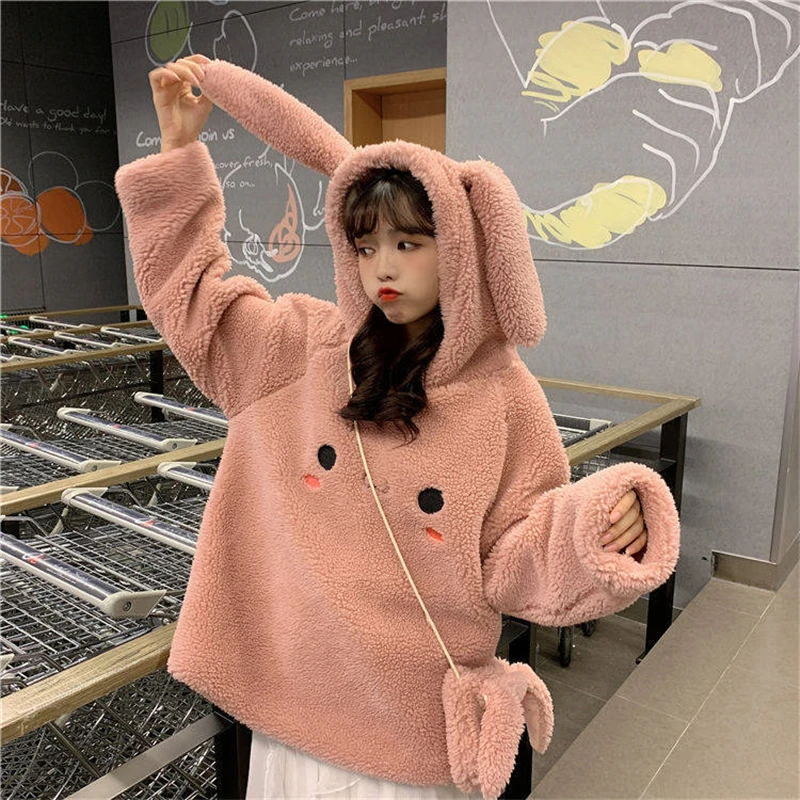 New Loose Korean Style Autumn And Winter Rabbit Ear Pullover Sweatshirt Imitation Lamb Wool Fleece Thickened Hoodies Cute Women