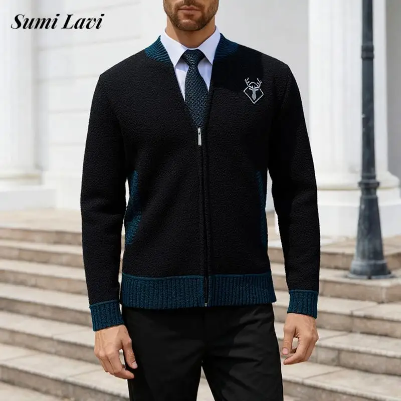 

Осень-зима, новый повседневный мужской тонкий свитер, пальто, винтажные кардиганы на молнии с круглым вырезом, мужские вязаные лоскутные куртки с вышивкой, пальто