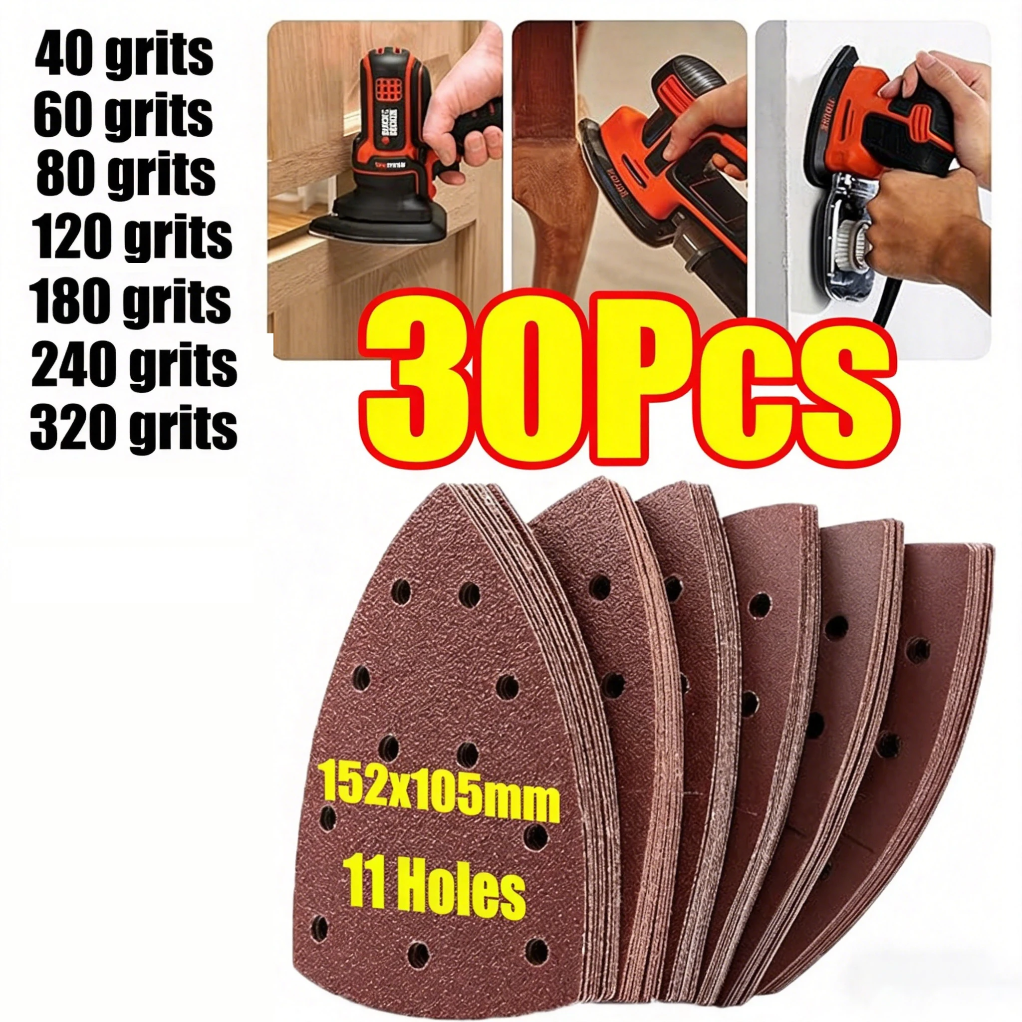 

30Pcs 11Holes Mouse Sander Sandpaper Triangule Sandpaper 40-320 Grits Paper Triangle Sanding Disc Abrasive Sander Sand Paper